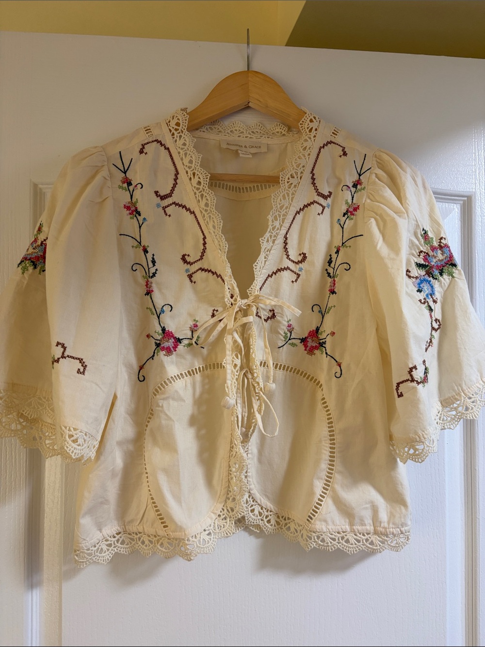 Jennifer & Grace Cream Embroidered Lace Tie-Front Top